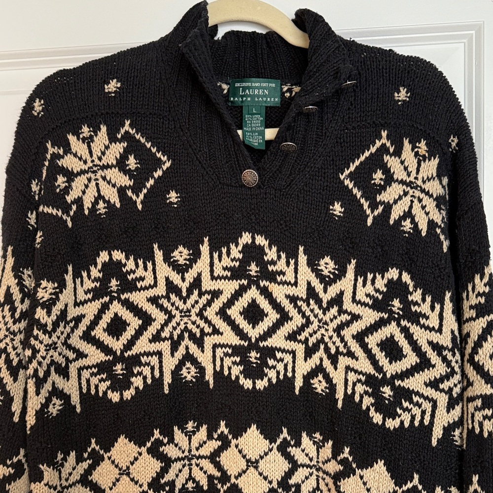 Lauren Ralph Lauren Black and Tan Hand Knit Sweater - Size Large